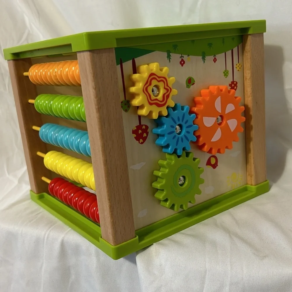 Toddler Learning Cube Toy Wooden Gears Abacus Clock Shape Montessori 7 in x 7 in - Picture 2 of 10
